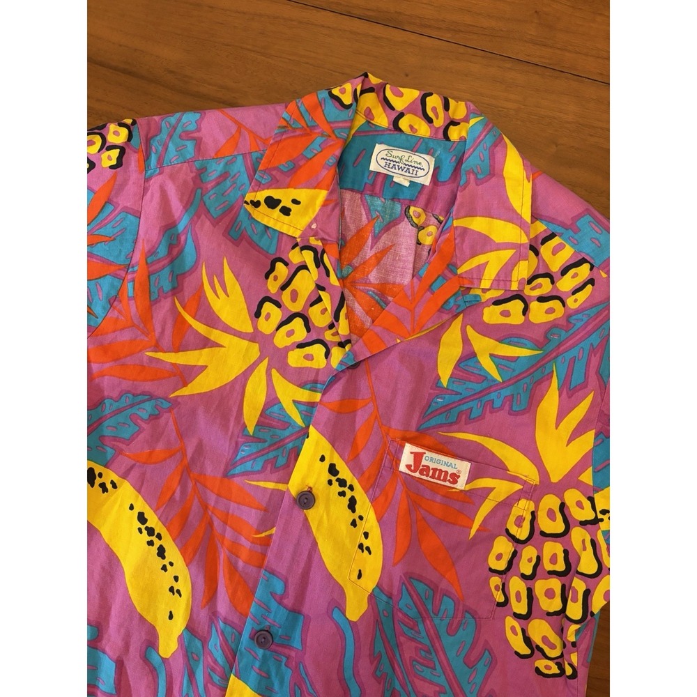 VTG 80s Surfline Hawaii Original Jams Shirt Mens S/M Pink Banana Pineapple Surf